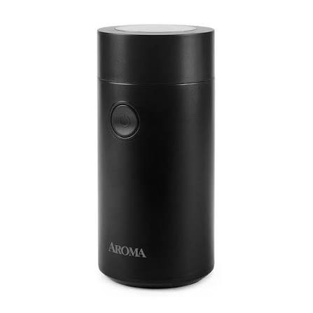 Black cylindrical Aroma electric coffee grinder with a single button