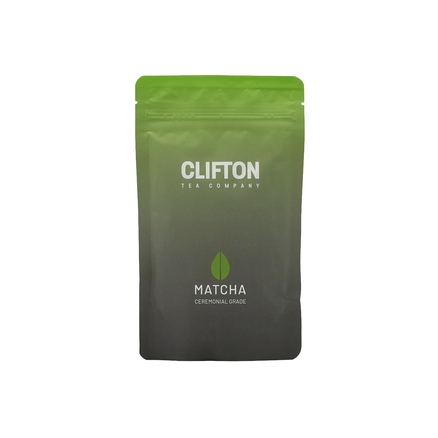 Green and grey Clifton Tea Company matcha pouch, ceremonial grade