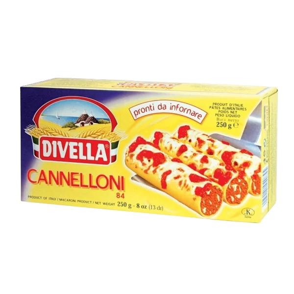 Yellow Divella Cannelloni 84 box showing baked cannelloni with tomato sauce