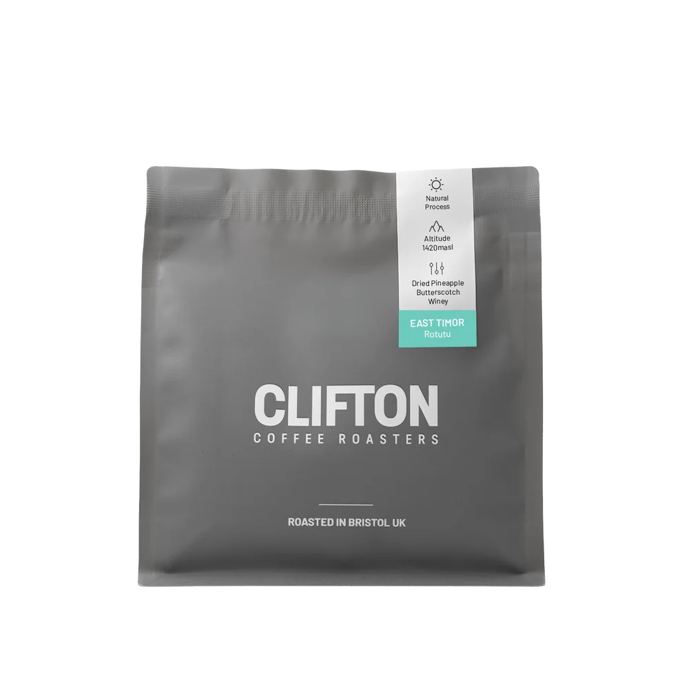 Grey Clifton Coffee Roasters bag with an East Timor Rotutu label
