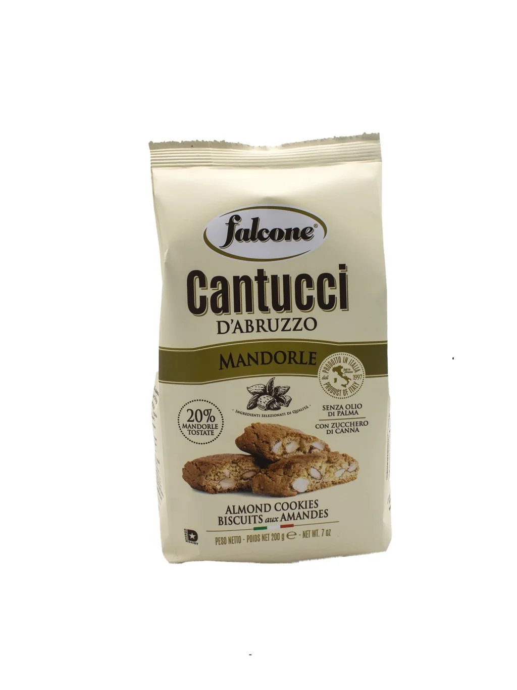 Falcone Cantucci d'Abruzzo Mandorle bag with almond biscuits on the front