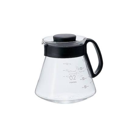 Clear glass Hario V60 range server with black lid and handle, marked 02