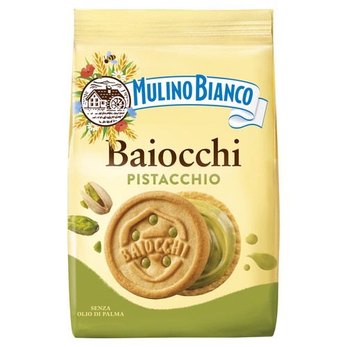 Mulino Bianco Baiocchi Pistacchio bag showing a biscuit with green pistachio cream