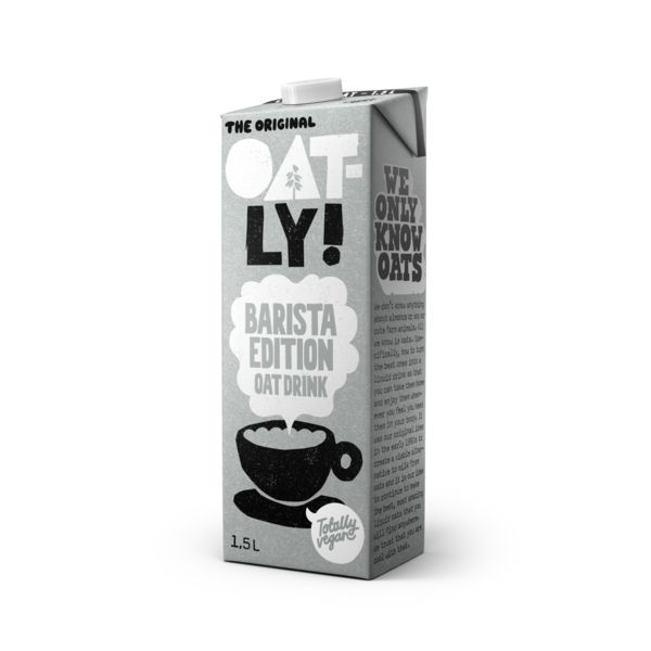 Larger grey Oatly Barista Edition carton marked 1.5 L