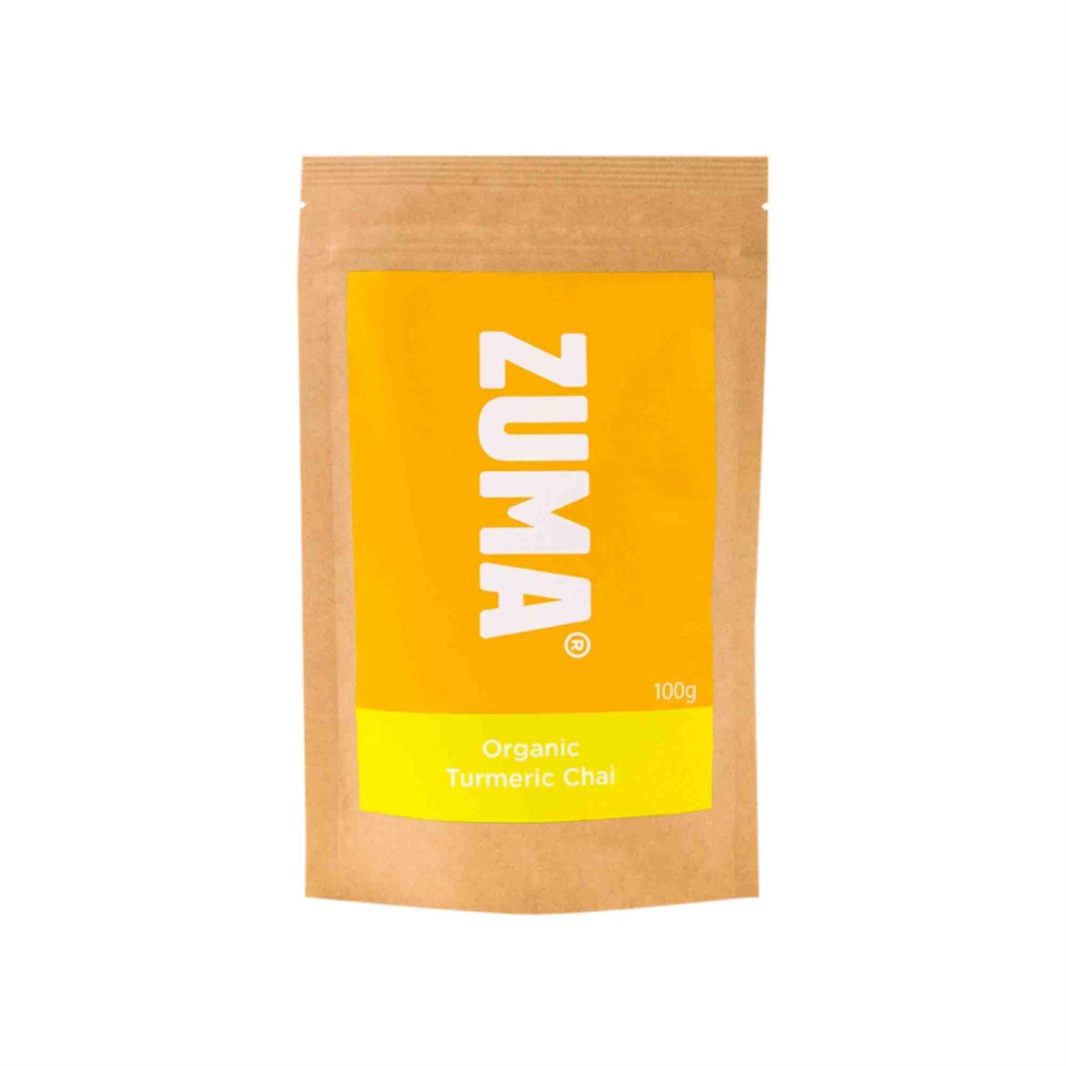 Kraft Zuma pouch with an orange Organic Turmeric Chai label